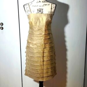Jessica Howard| Gold Cream Shimmer Neutral Dress Tiered Vintage Midi Sz.6P